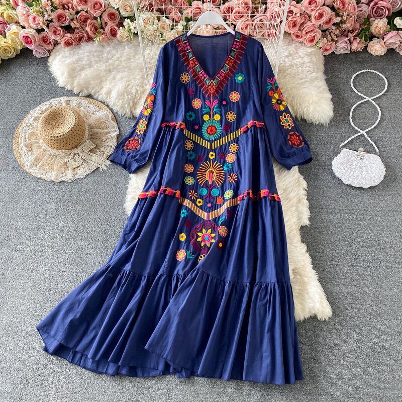 New Women Beach Dress Vintage Bohemian Loose Long Dress Floral Embroidered V-neck Oversized Dress
