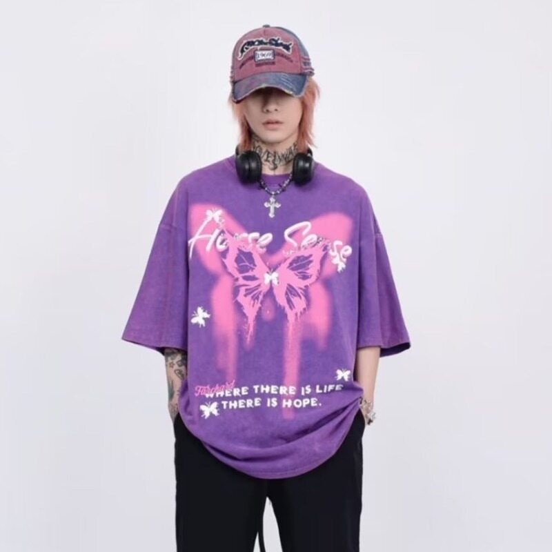 MAYCHEER Summer fashion vintage short sleeve T-shirt for men and women couple design sense butterfly top