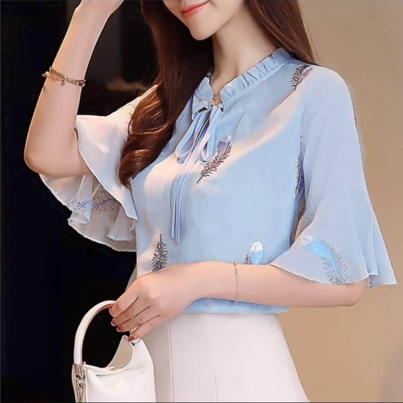 Blouse for Women Trumpet Sleeve Print Chiffon Shirt Casual Office Lady Shirts Long Sleeve Fashion Shirt Women Tops