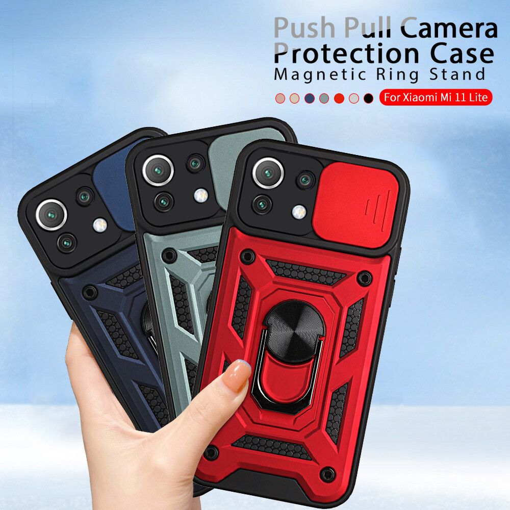 For Xiaomi Poco F3 Ring Stand Push Pull Camera Protect Case For Xiaomi 11i Mi 11 lite 5g Car Magnetic Stand Ring Armor Shockproof Coque For Xiaomi Redmi K40/ K40 pro Push Pull Camera Case