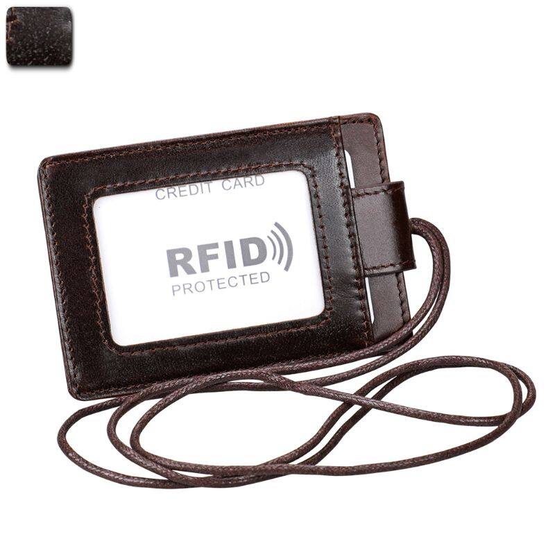 Portable RFID ID Badge Credit Card Holder Genuine Leather Pocket Case Business Wallet Lanyard