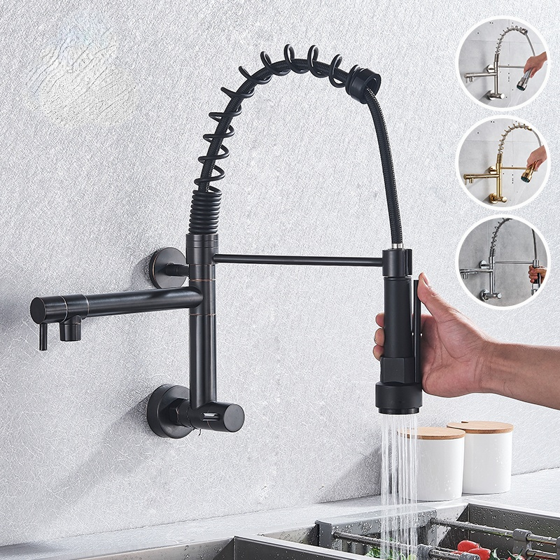 Spring Black Kitchen Faucet Pull Down Chrome Single Cold Wall Mounted Kitchen Taps Dual Function Sprayer Taps