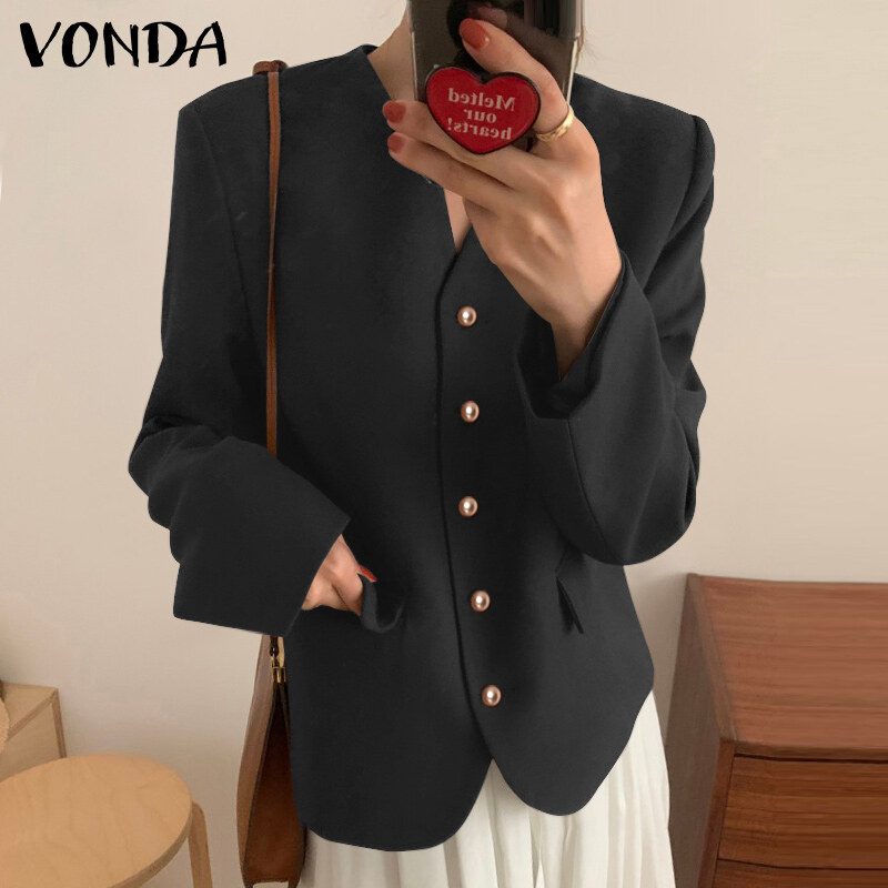 VONDA Women Causal Solid Blazer Vintage Loose V-Neck Single-Breasted Commute Long Sleeve Suits