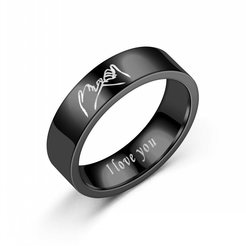 【small chrysanthemum】Cool Simple Hand in Hand Couple I Love You Titanium Silver Black Polishing Finger Ring Jewelry For Man Woman