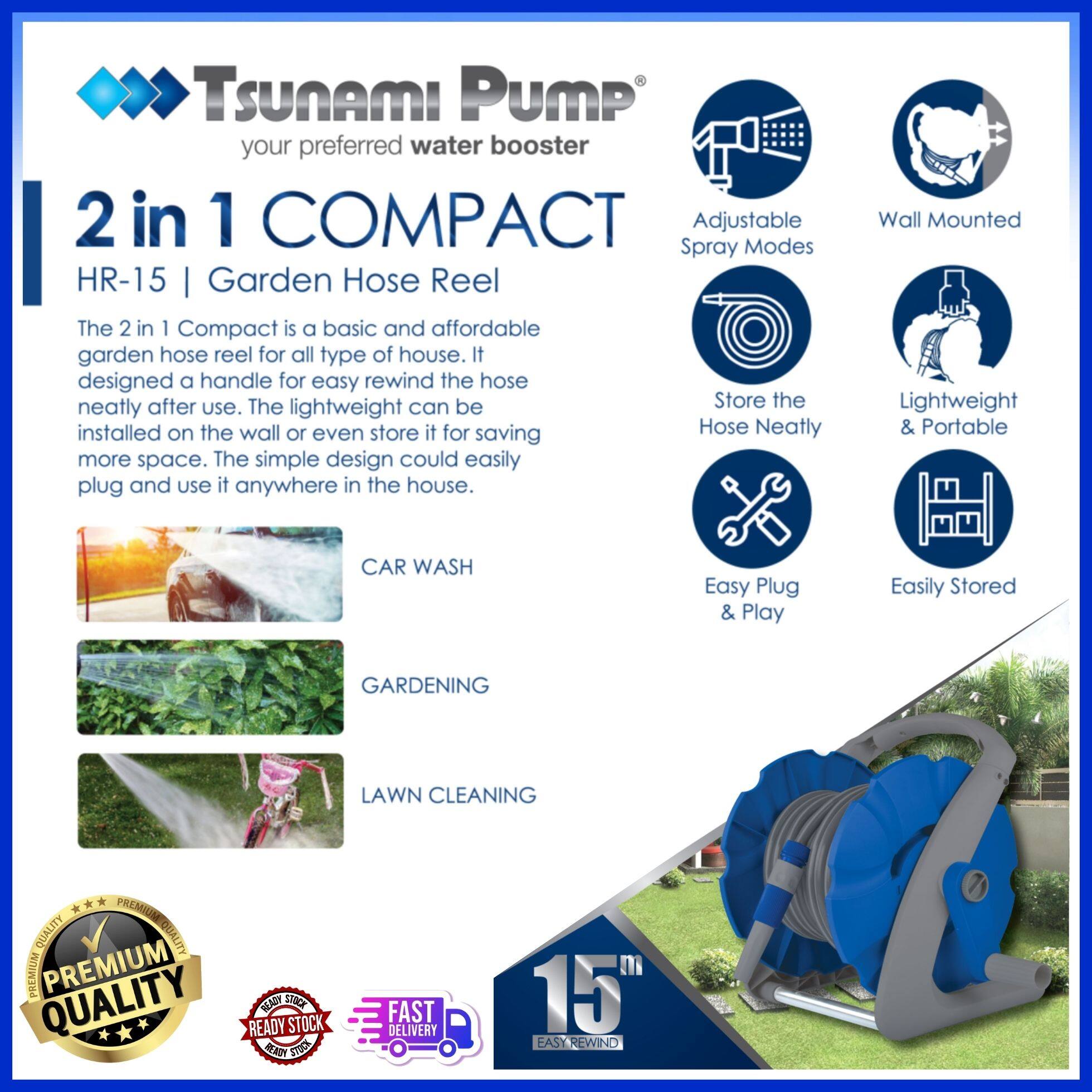 TSUNAMI PUMP 2 IN 1 COMPACT GARDEN HOSE REEL MODEL: HR-15 - Sumwu