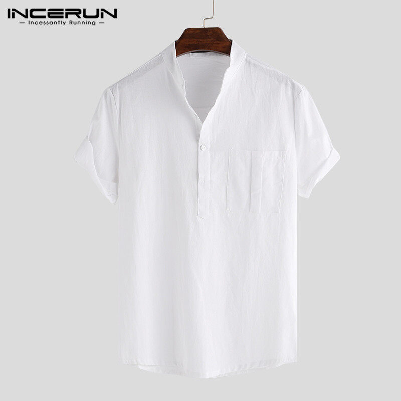 INCERUN Men Casual Round Neck Tops Shirts 100%Cotton Pocket Design Plain Short Sleeve Shirt Barong for men