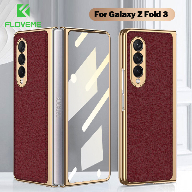 FLOVEME For Galaxy Z Fold3 5G Fold2 Luxury Plating PU Leather Phone Case 2 in 1 With Screen Tempered Glass Film Case For Samsung Galaxy Z Fold 3 5G Samsung Galaxy Z Fold 2 Folding Hard PC Shockproof Phone Cover