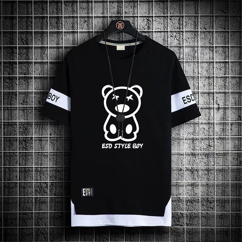 Bear printed T-shirt Black shirt Korean clothes for men and women