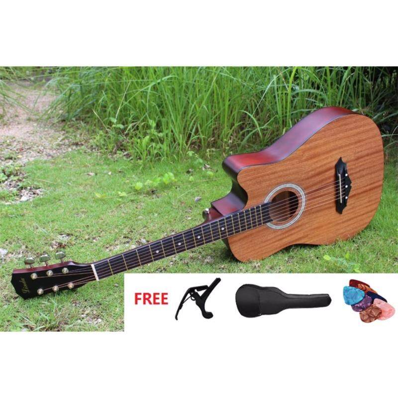 MEGA SALES JZL High Quality Sapele Wood Acoustic Folk Cutaway Guitar 38 Inch FREE Guitar Bag Capo Clamp and Pick (Dark Brown) Malaysia