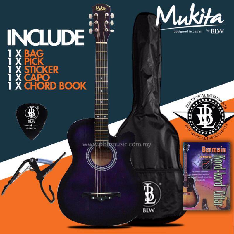 Mukita by BLW Standard Acoustic Folk Cutaway Basic Guitar Package 38 Inch for beginners with Bag, Pick, Capo, Chord Book and Merchandise Sticker (Purple) Malaysia