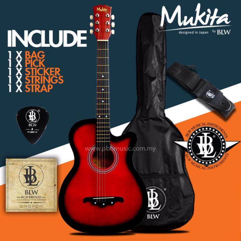 Mukita by BLW Standard Acoustic Folk Cutaway Basic Guitar Package 38 Inch for beginners with Bag, Pick, String Set, Strap and Merchandise Sticker (Red) Malaysia