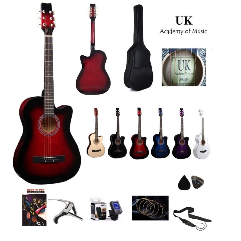 UK Acoustic Guitar 38 Inch+Bag+2 Picks+Strap+Capo+Book+Tuner+Strings(Red) Malaysia