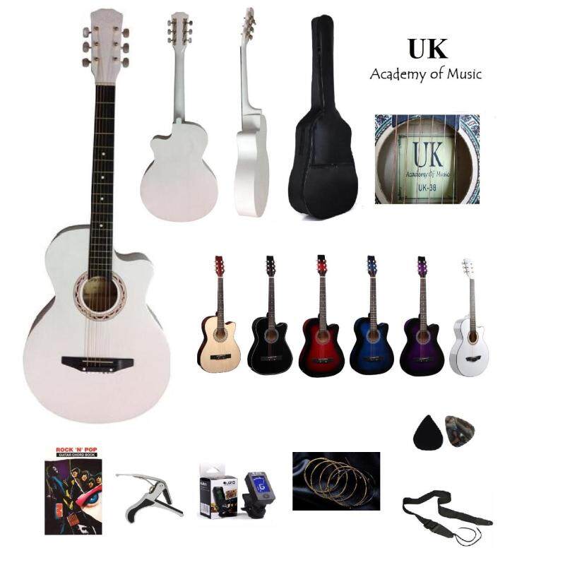 UK Acoustic Guitar 38 Inch+Bag+2 Picks+Strap+Capo+Book+Tuner+Strings(White) Malaysia