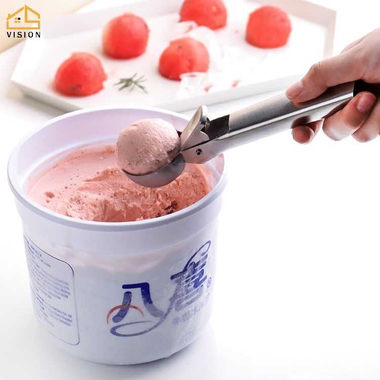 Vision Anti-Freeze Stainless Steel Ice Cream Scoop Non-Stick Frozen Yogurt Cookie Dough Spoon Fruit Ice Ball Maker Kitchen Meatball Potato Mash Spoon With Spring Handle Watermelon Spoon