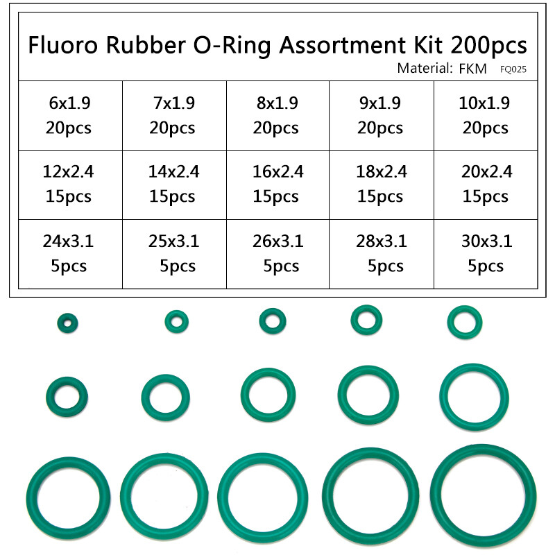 200 cái Bộ dụng cụ Bộ hộp 15 Kích cỡ 1.9-3.1mm Độ dày niêm phong cao su flo orings bền ổ cắm cao su màu xanh lá cây FKM Gasket