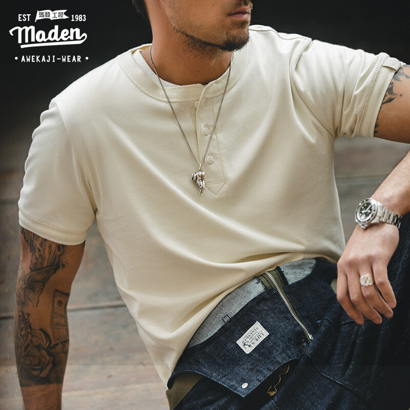 Maden brand tooling style men youth summer new American retro heavyweight Stallone Jason Statham short-sleeved Henry shirt army green tough T-shirt