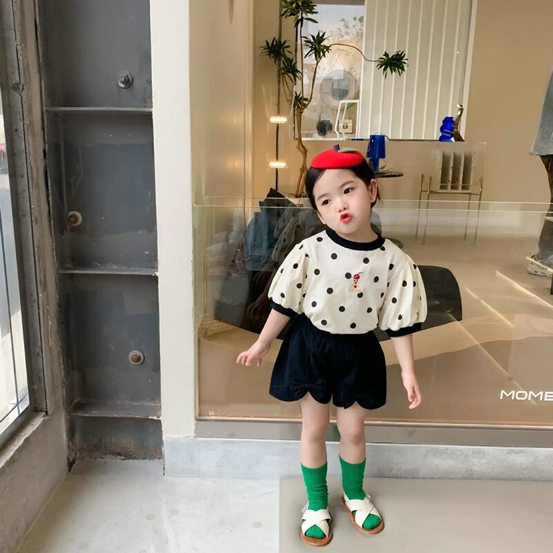 AOLANG children's T-shirts for children, foreign girls' fashion contrasting colors and polka dots cartoon baby short sleeveChildren's T-shirts for children, foreign girls' fashion contrasting colors and polka dots cartoon baby short sleeve tops
