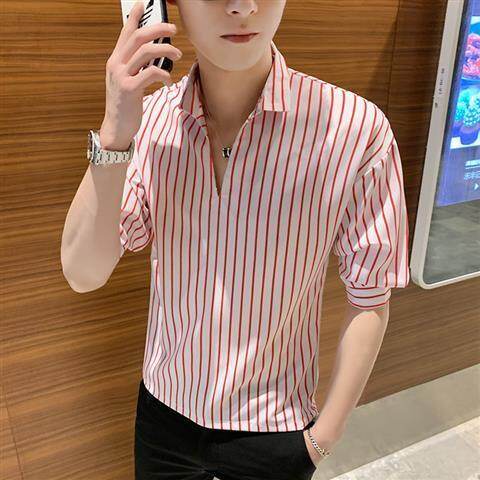 Summer Middle-sleeves Shirt for Men on Sale Trend Korean Loose Stripe Shirt for Men