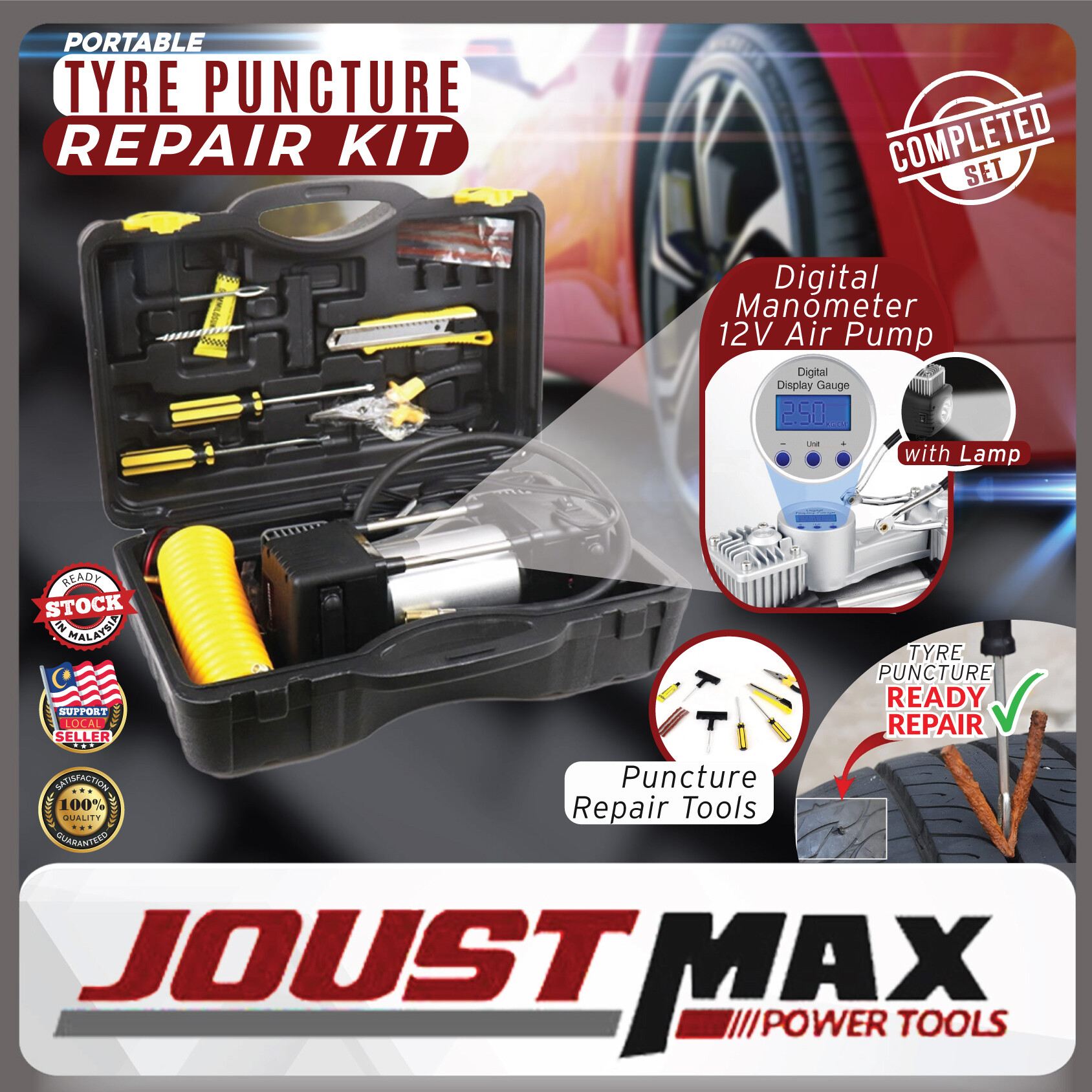 Portable Tyre Puncture Repair Kit Digital Inflator 12V Air