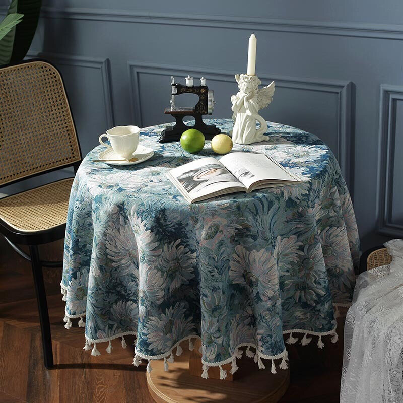 Round Tablecloth ,Oil Painting Style Table Cloth and Runner with Floral Pattern, Thick Fabric for Small Round Table , 1 meter round table tablecloth for round dining table
