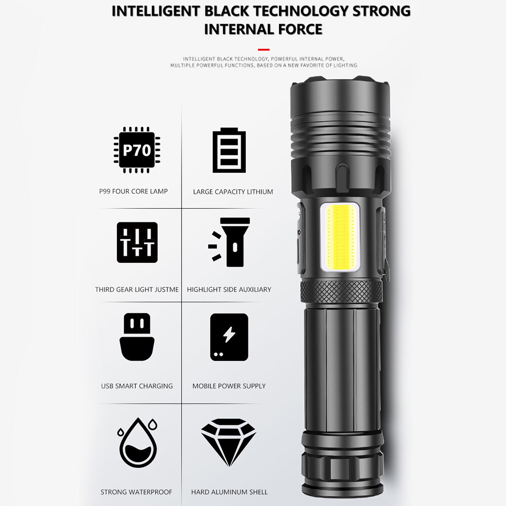XHP70 Đèn Pha COB Đèn Pin Ngoài Trời Đèn Pin Sạc USB Phóng To