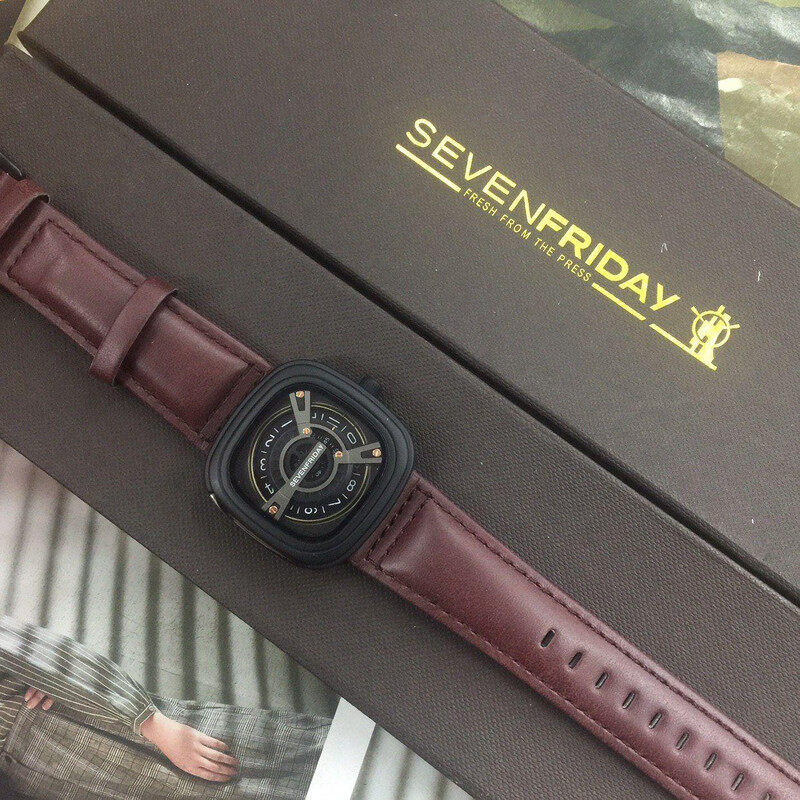 Super-7 seven_friday men watch metal dial leather strap decorative screw waterproof Square Round watch for men Jam lelaki. Malaysia