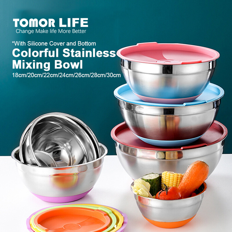 Tomor Life Colorful Stainless Mixing Bowls With Silicone cover and Bottom