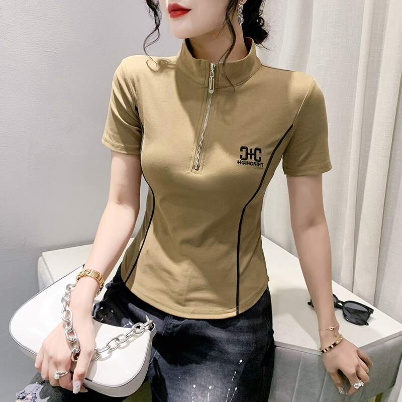 YIMEI Áo Thun Nữ Cay Quảng Châu Đẹp Áo Cotton 2023 Có Khóa Kéo Ngắn Tay Mùa Hè Mới Cổ Áo Cao Áo Thun Nữ Nước Ngoài Phiên Bản Hàn Quốc