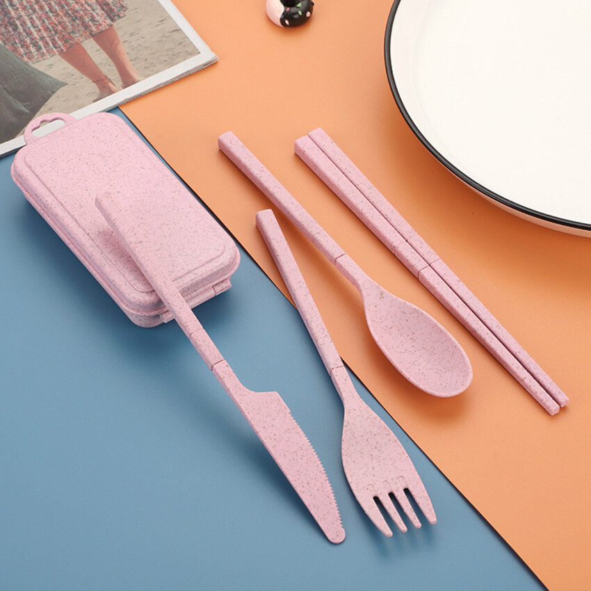 4 Pack Collapsible Travel Utensil Set With Case Wheat Straw Reusable