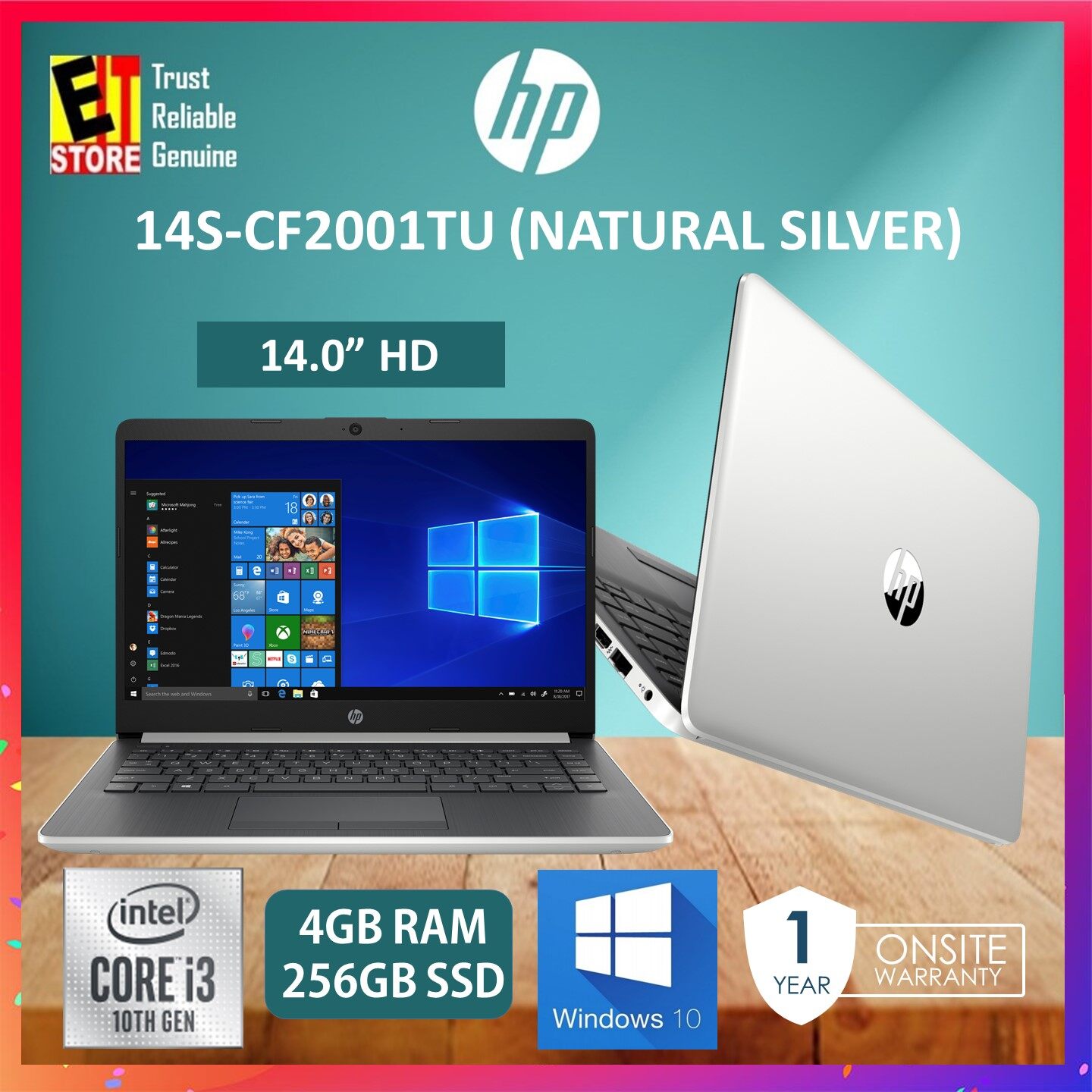 HP 14S-CF2001TU LAPTOP -NATURAL SILVER (I3-10110U /4GB/ 256GB SSD/14 HD/ W10/1YR) Malaysia