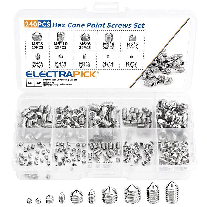 Electrapick 240pcs hex hexagon socket set screw cone point grub screw tapered end headless bolt m3 m4 m5 m6 m8
