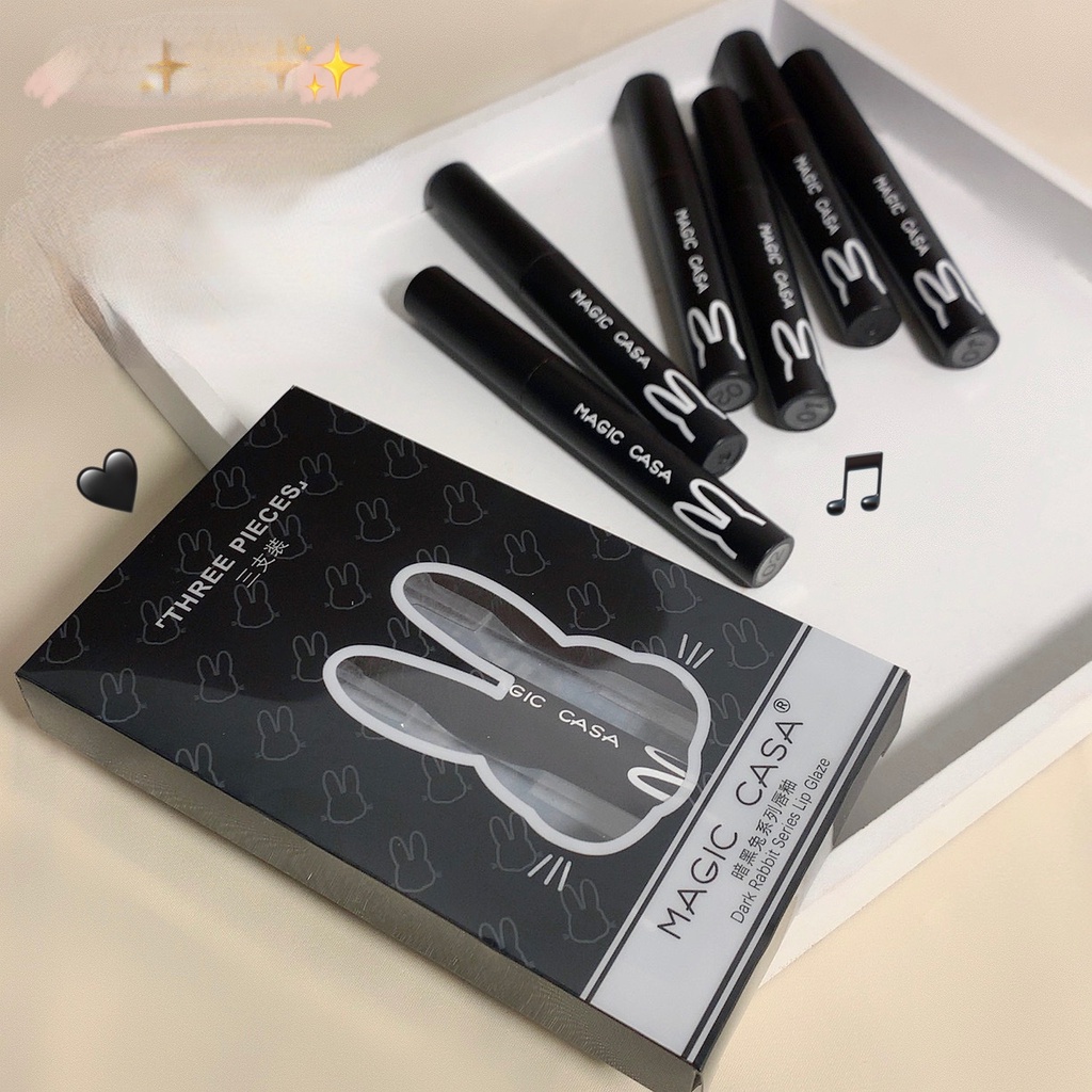 HKHO 3 Cái/bộ Màu Đen Thỏ Son Bùn Son Môi Matte Lip Men