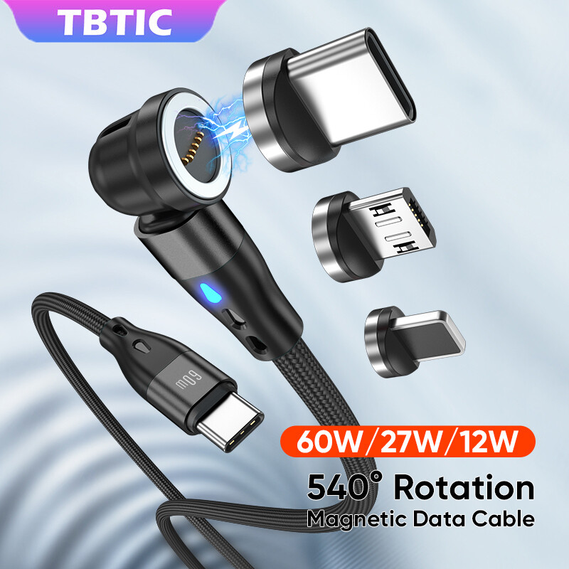 TBTIC 540 ° Rotatable 7-Pin Magnetic Fast Charging Data Cable PD Micro USB Type C For iPhone IPad OPPO Vivo 66W Charge Cable Car Gaming With LED Light
