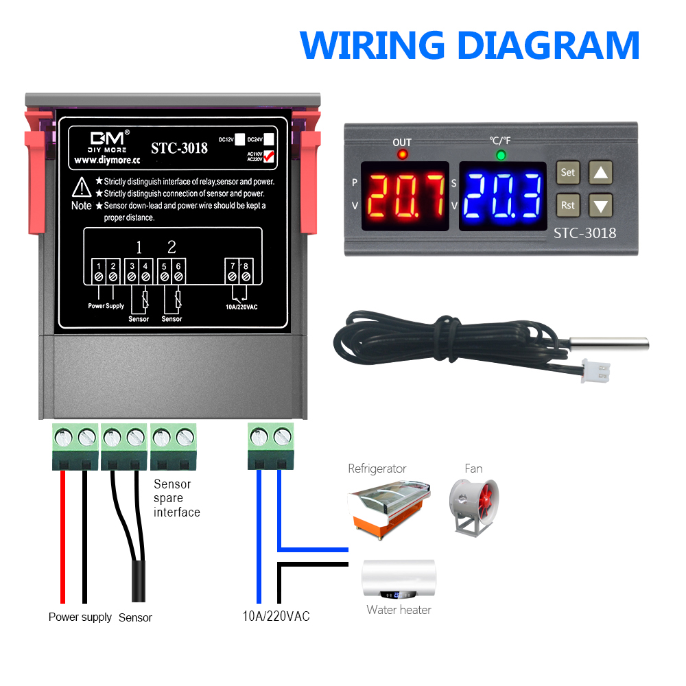 VOKTTA Bộ Điều Khiển Nhiệt Độ Chính Xác Cao STC-3018 Bộ Điều Nhiệt Màn Hình Kỹ Thuật Số Cảm Biến NTC AC110V-220V Phạm Vi Kiểm Soát Nhiệt Độ-55 ℃ ~ + 120 ℃ Đầu Ra Rơ Le