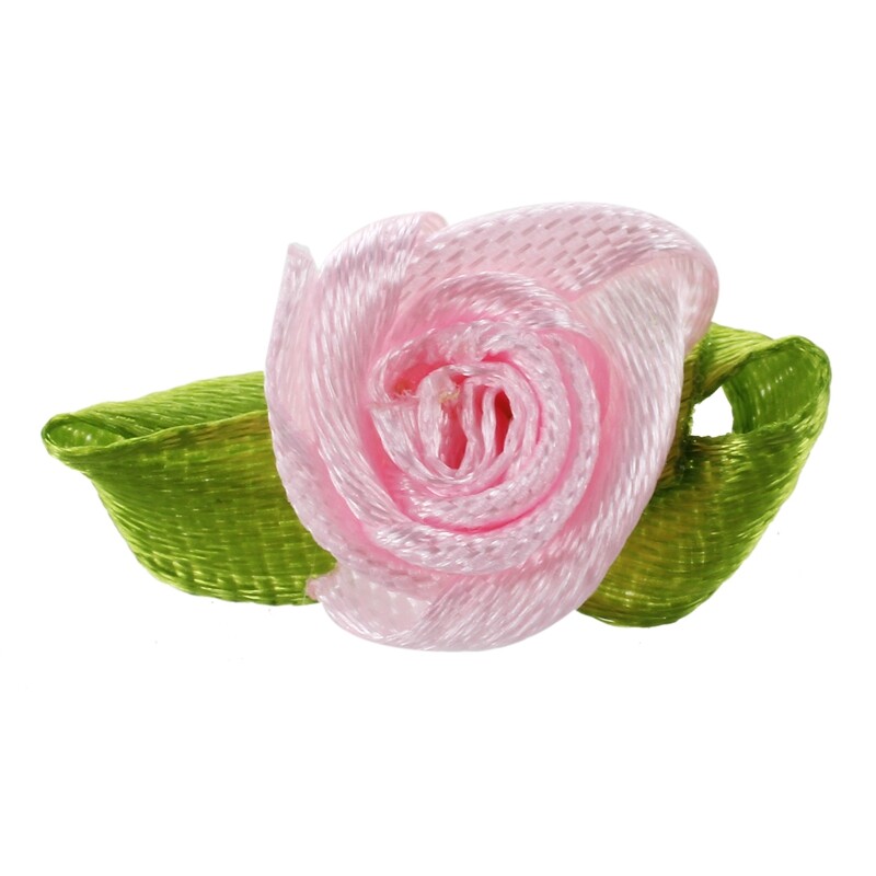 200pcs mini Satin Ribbon Flowers with leaf Appliques pink