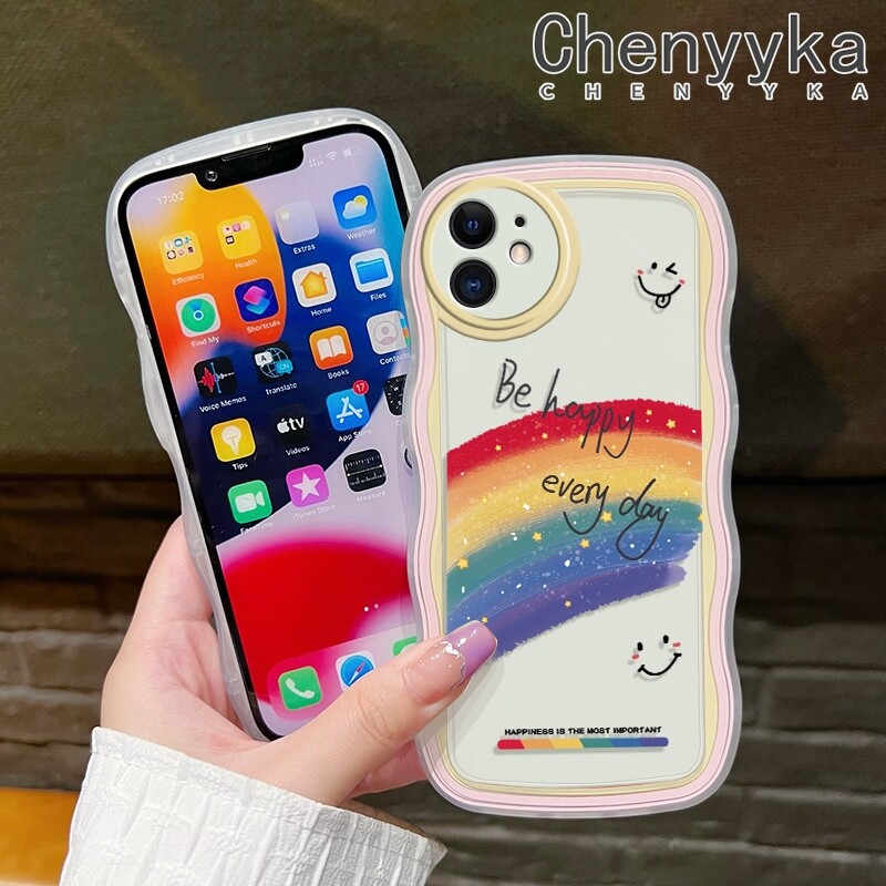 chenyyka Casing For iPhone 14 Pro Max 14 PLUS 13 Pro Max 13 Mini Case Cartoon Rainbow Smile Pattern Wave Border Soft Clear Shockproof Phone Cases Creative Camera Transparent Casing Silica Gel Protective Cover