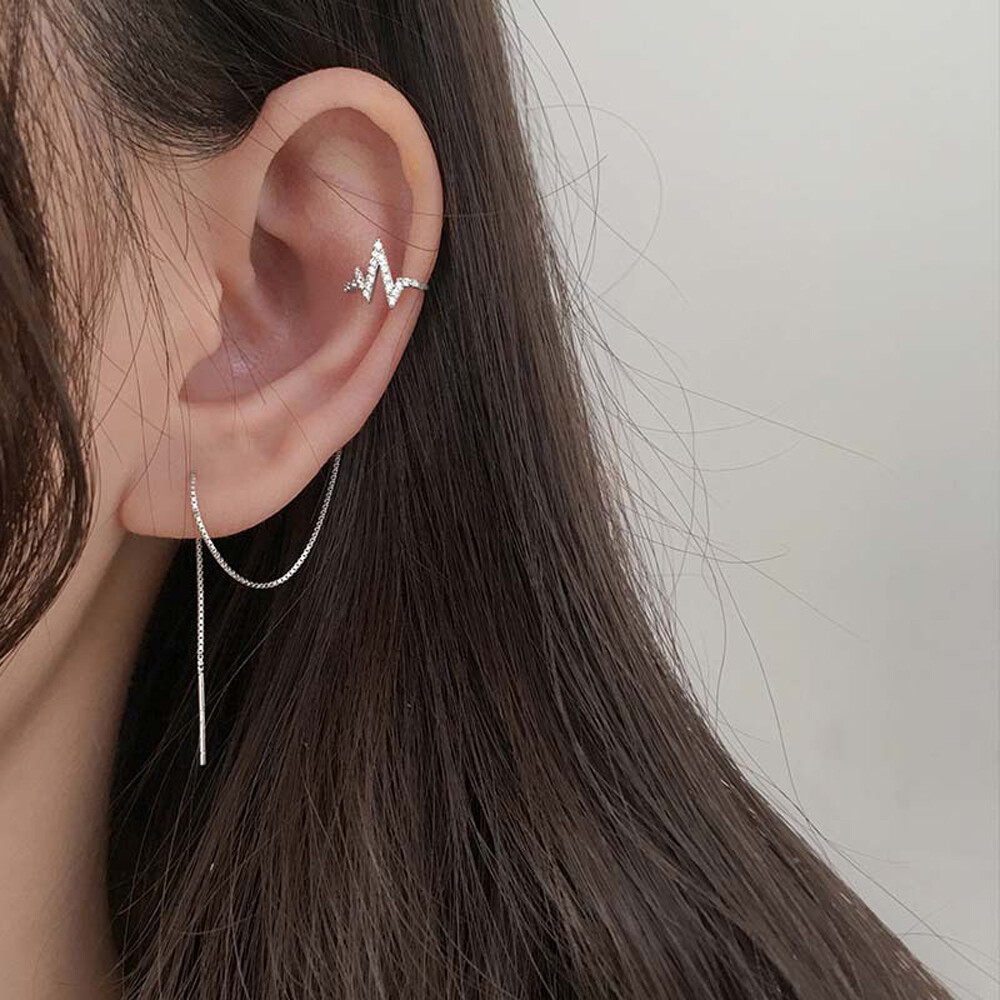 Fashion Jewelry Korean Zircon Girls Long Temperament Chain Clip Earrings Heartbeat Ear Cuff Rhinestone Crystal Ear Clips