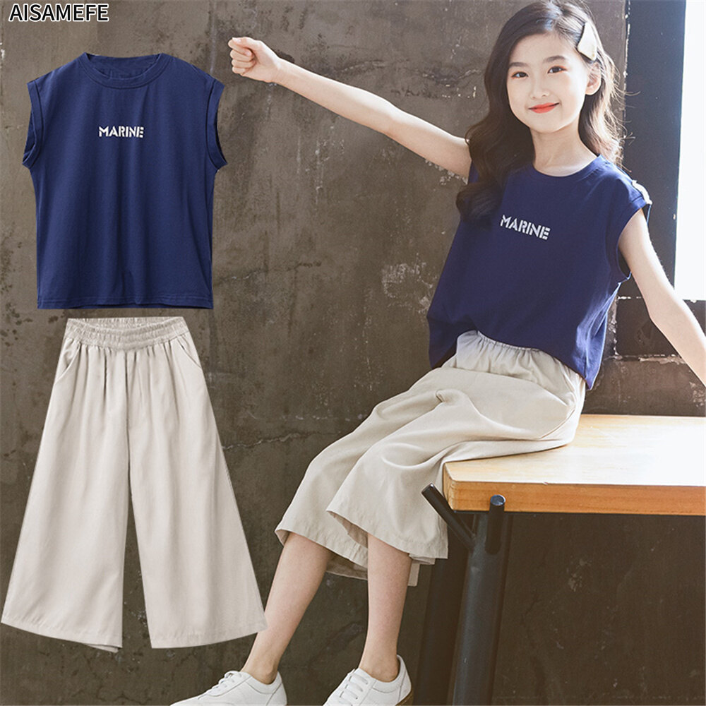 AISAMEFE 2023 Summer Fashion New Teen Girl Pants Suit Sleeveless T-shirt + Wide Leg Pants Summer Korean 2 Piece/Set Cotton Blue Children Clothes Suit 3-12 Years