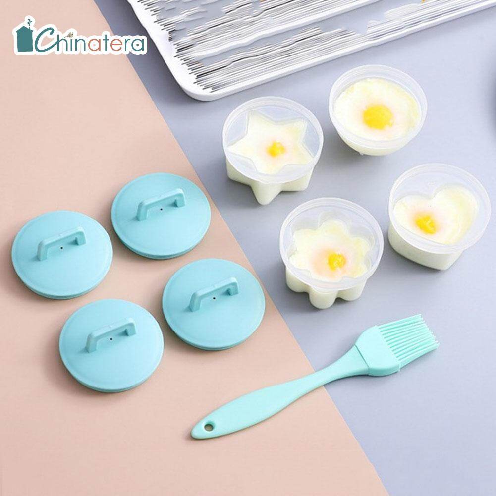 [Chinatera] 4pcs Cute Egg Cooker Plastic Egg Poacher Set Kitchen Egg Cooker Tools Egg Mold Form With Lid Brush Pancake Maker