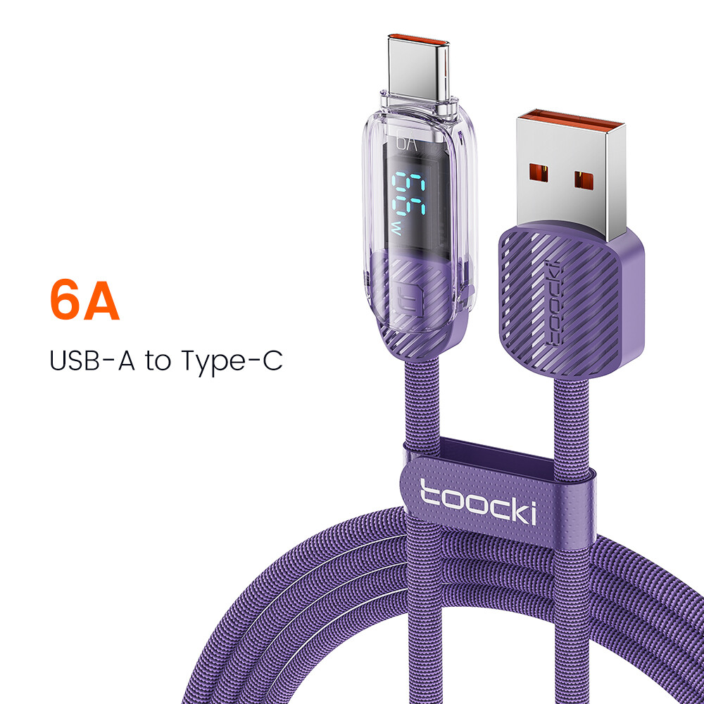 Toocki 66w 6a usb to type c cable pd fast charge charger cord type c cable led display cable for macbook samsung huawei xiaomi