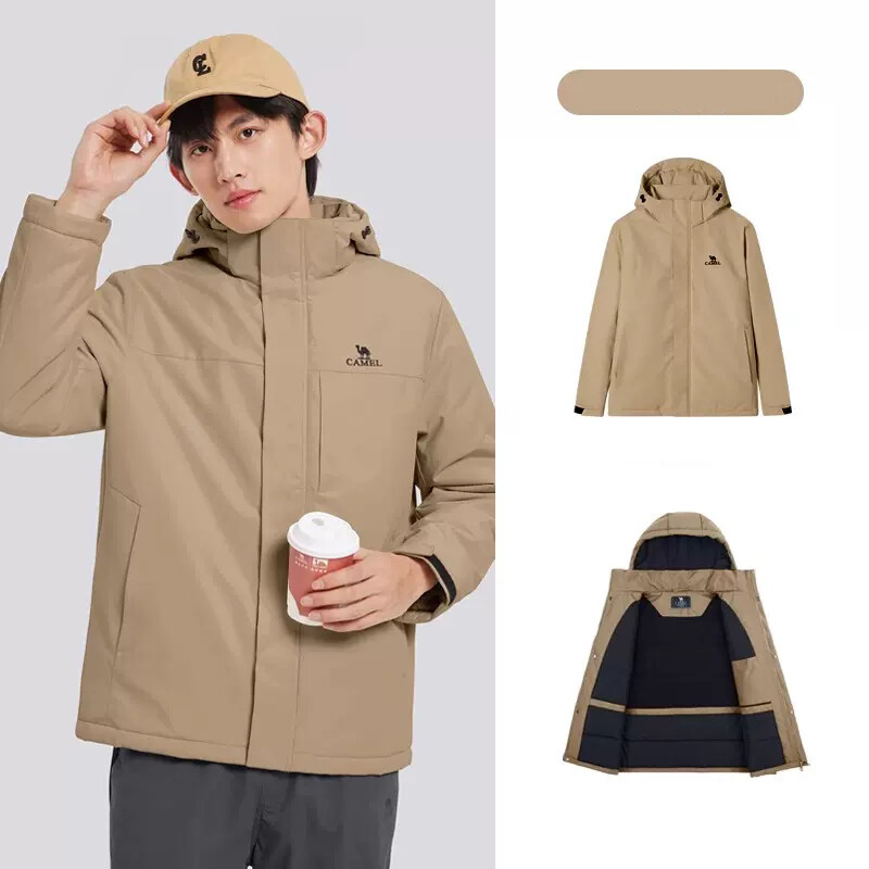 Cameljeans Outdoor Men's Jacket Autumn Winter Removable Hat Thickened Warm Windproof and Waterproof Cotton Jacket