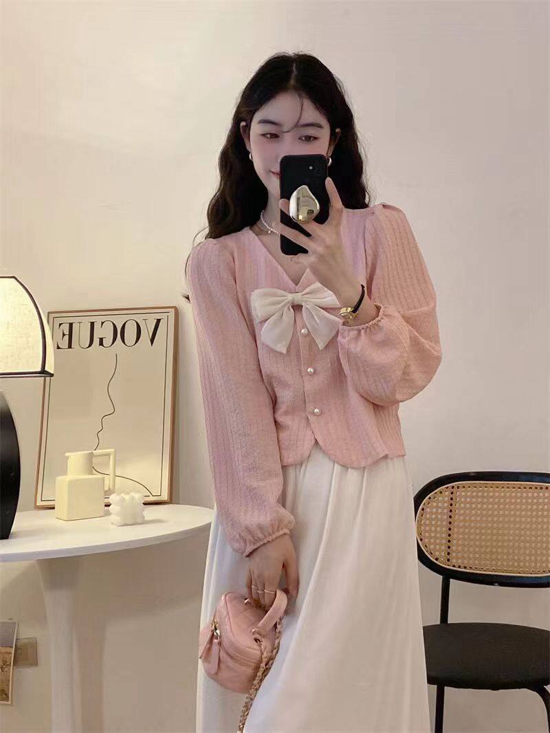 Bow tie shirt, women's long sleeved thin top