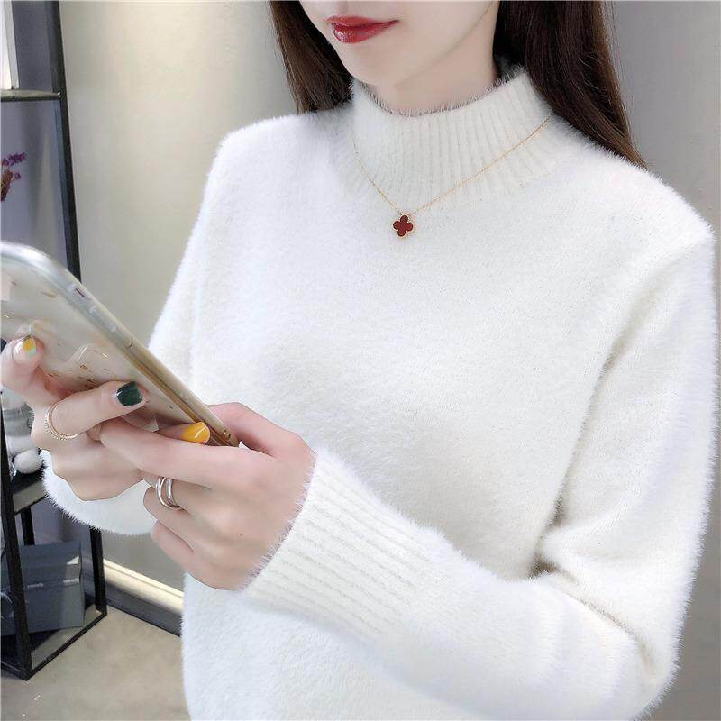 Casual Mink Cashmere Knitted Sweater Women 2021 Autumn Winter Turtleneck Long Sleeve Jumper Korean Lady Pullover Knitwear