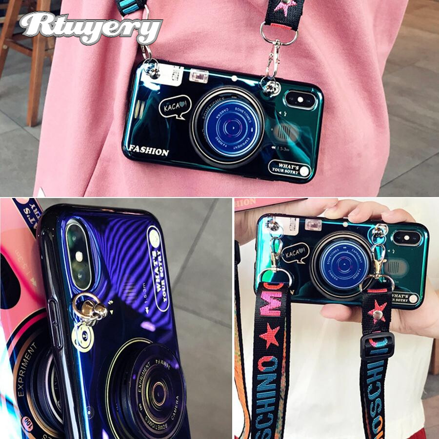 Rty case for iphone x iphone xs max xr iphone 7 plus 8 plus iphone 7 8 iphone 6 plus 6s plus iphone 6 6s iphone 5 iphone 5c iphone 5s 3d cute retro camera lanyard casing grip stand holder silicone phone case cover with adjustable lanyard