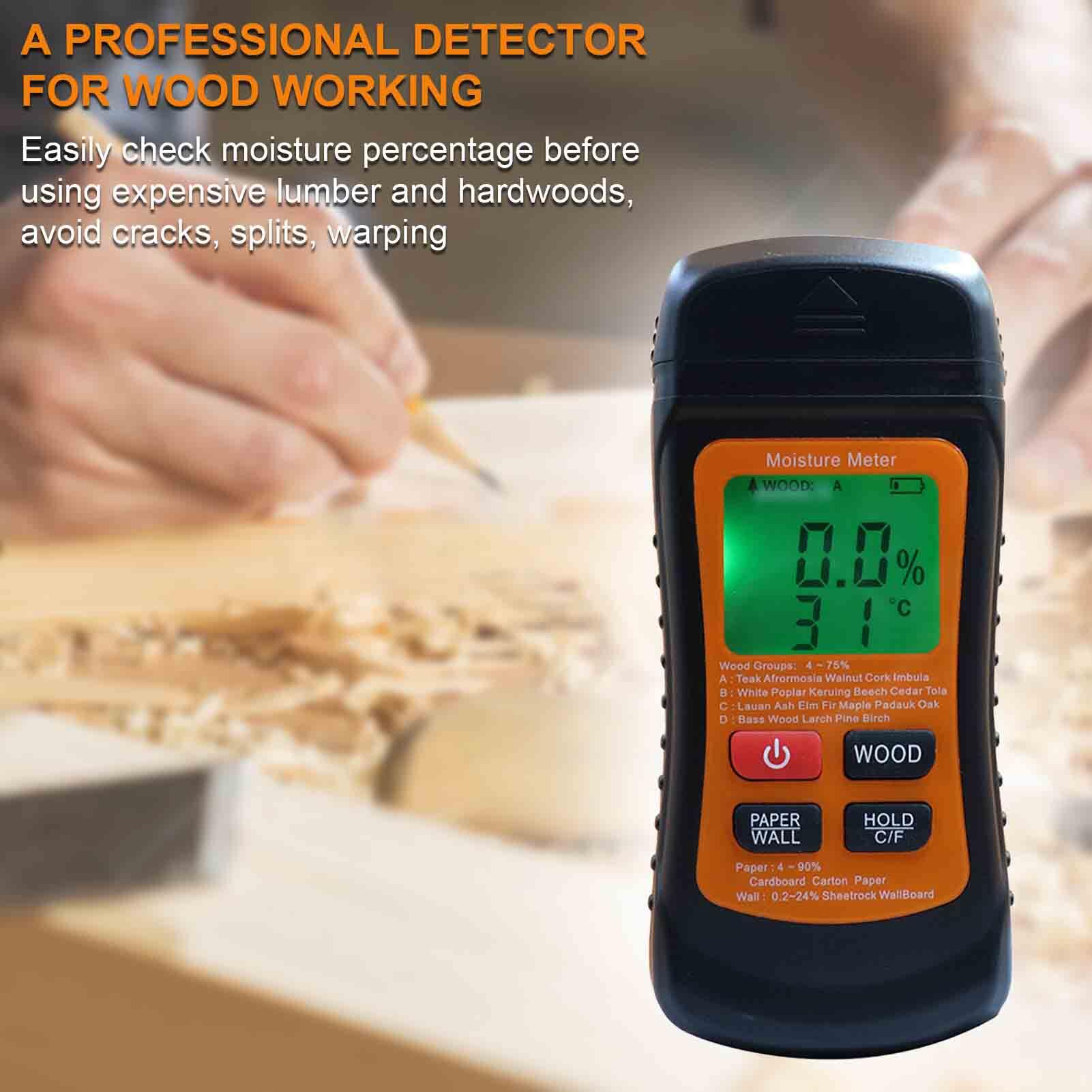 Wood Moisture Meter Digital Moisture Detector Moisture Tester Damp Tester Dampness Meter Portable Hygrometer Thermometer for Wood Building Material Walls Paper