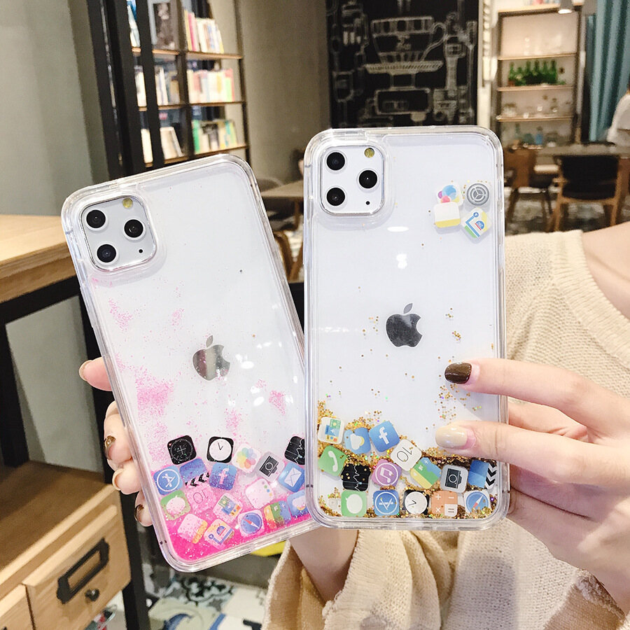 TOPZERO Ốp Lưng Điện Thoại Lấp Lánh Lấp Lánh Lấp Lánh Cho iPhone 13 Pro Max 12 11 Pro Max Ốp Lưng Cứng Cát Lún Biểu Tượng Ứng Dụng Cho iPhone 11 Pro iPhone 11 12 13 Mini