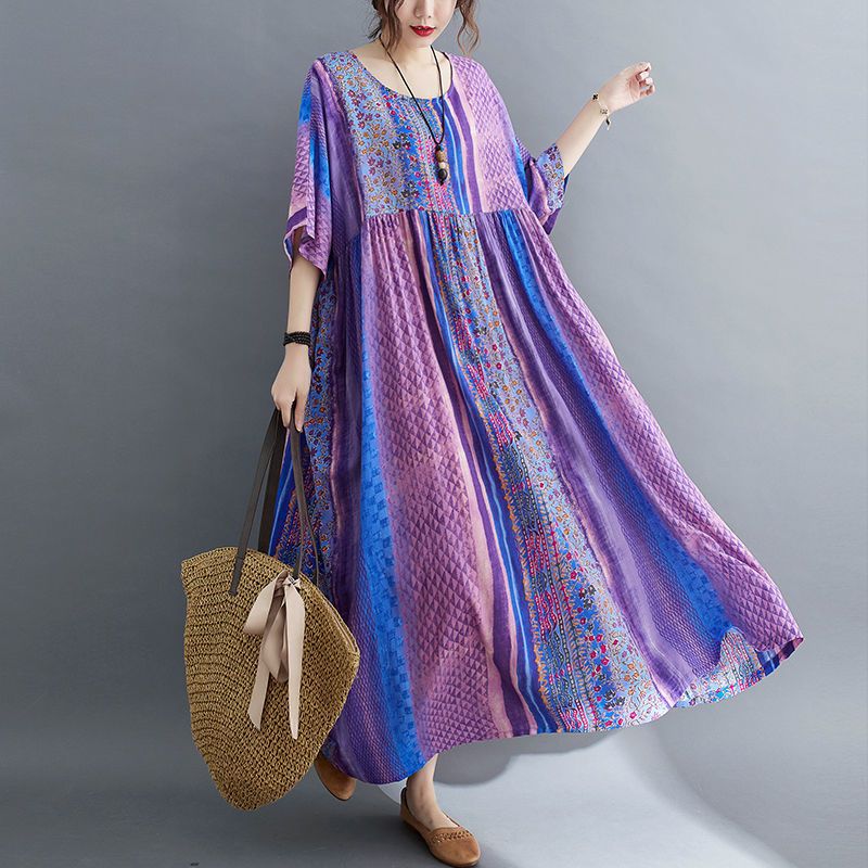 WhiteTime Oversized Women's Summer Printed Cotton Linen Short Sleeve Dress Large Swing Long Skirt 301T0145