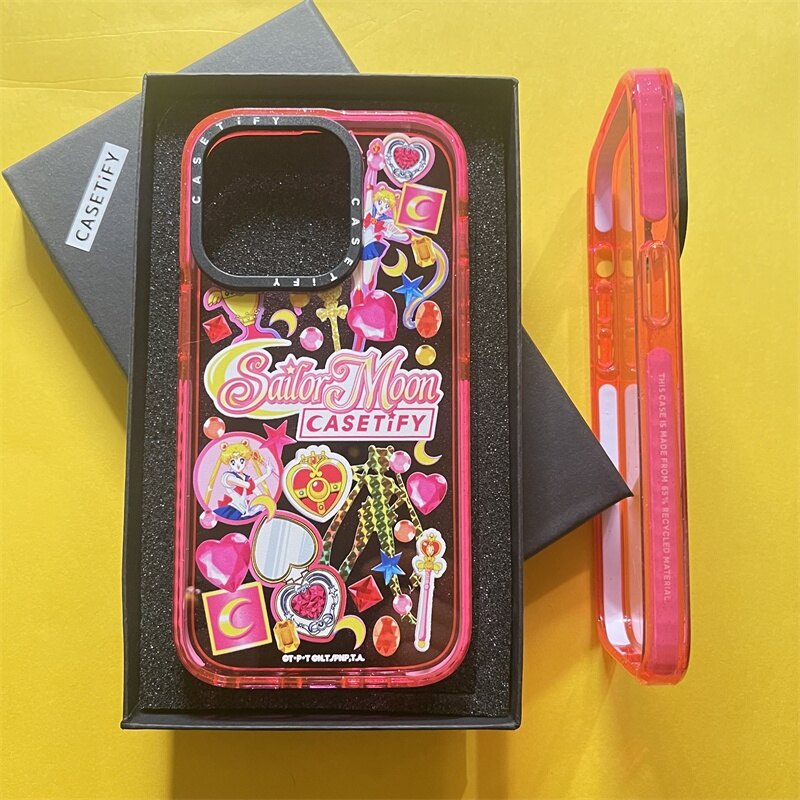 Casetify x sailor moon label side glitter rosepink clear sideband font casing apple iphone 11 12 13 14 pro max impact style hard clear acrylic back tpu case cover with box