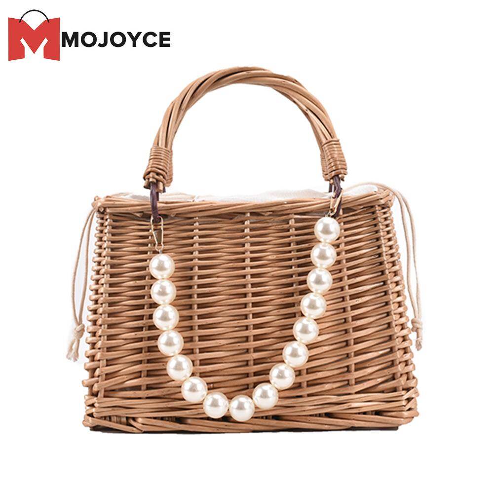 MOJOYCE Women Tote Bags for Beach Vacation Pure Color Rattan Woven Pearl Top-handle Small Basket