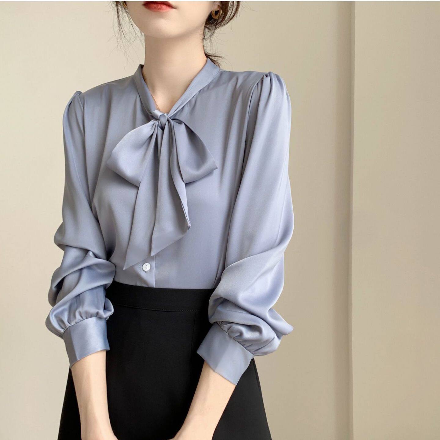 Bowknot Shirt Women's Long-sleeved Chiffon Tops